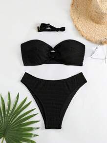 SHEIN Swim Curve Conjunto de bikini de talla grande para mujer de unicolor y sin tirantes para playa de verano con enlace circular hueco, conjunto de bikini sexy de dos piezas
