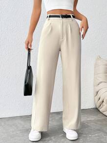 SHEIN PETITE 女式休闲直筒裤（配腰带） - 卡其色 - 查看 3