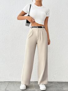 SHEIN PETITE 女式休闲直筒裤（配腰带） - 卡其色 - 查看 6