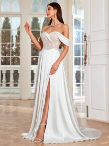 Mgiacy Off Shoulder Embroidered Patchwork Satin Asymmetrical Ruffles High Slit Train Wedding Dress - White - View 6