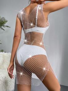 Women's Sexy Sleeveless See-Through Round Neck Rhinestone Embellished Summer Dress - White - View 3