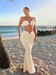 SHEIN SXY 女士夏季二件套裝：波紋紋理繩頸背心上衣和圓形腰帶高腰人魚裙 - 米色 - 查看 4