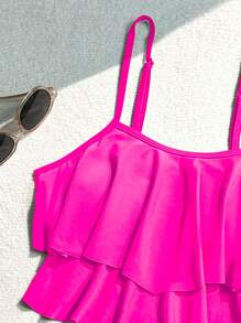 Swim Vcay Summer Beach Solid Color Ruffle Trim Spaghetti Strap Top With Shirred Triangle Bottom Bikini Set - Hot Pink - View 5
