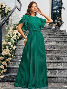 Đầm phù dâu thanh lịch cổ tròn nhiều lớp tay bèo nhún xếp ly viền eo xoắn dài maxi cho nữ - màu xanh lá - Xem 3