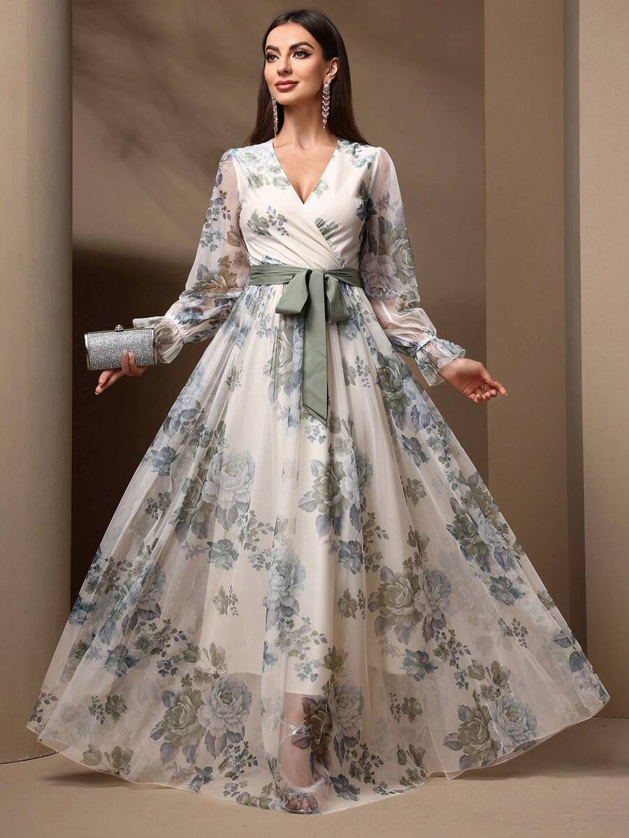 1 pieza Vestido elegante con manga larga cruzada y estampa al azar para el verano - Verde - Ver 1