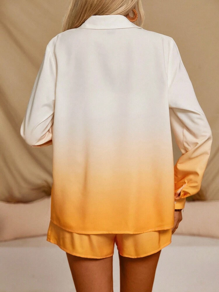 Women's Gradient Long Sleeve Shirt & Shorts Set With Solid Color Bralette Top, Casual Holiday Outfit