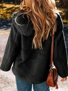 女士休闲宽松纯色保暖内衬连帽夹克，冬季 - 黑色 - 查看 2