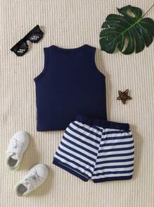 SHEIN Playful Pals Baby Boy Summer New Arrival Sleeveless Letter Print Two-Piece Set