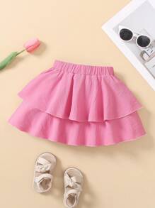 SHEIN Young Girl Solid Color Double Layered Ruffle Hem Short Mini Skirt With Elastic Waist - Pink - View 2