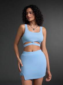 SHEIN Sport Gameset Women's Plain Hollow Out Crop Top And Skort Sports Set