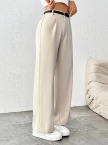 SHEIN PETITE 女式休闲直筒裤（配腰带） - 卡其色 - 查看 5