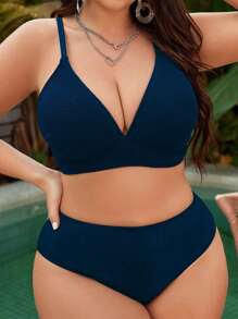 SHEIN Swim Curve Bikini de talla grande de unicolor y diseño simple para playa - Azul - Ver 7