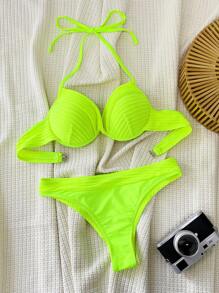 Swim SXY Costum de baie pentru plajă de vară, fluorescent, neon, cu gât, cravată, sexy, cu sârmă