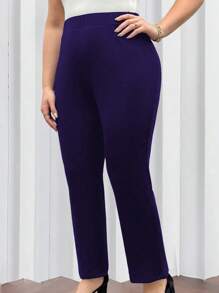 Celure Plus Size Women's Solid Color Elastic Waist Slim Fit Casual Pants - Navy Blue - View 4