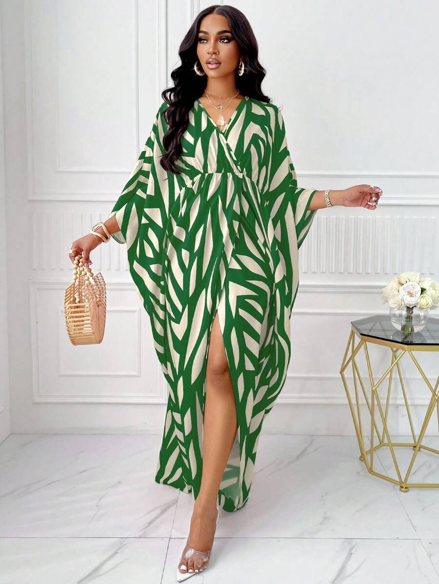BIUBIU Allover Print V Neck  Batwing Sleeve Dress (Random Print) - Green - View 1