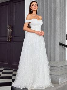 Mgiacy Off-Shoulder Asymmetrical Mesh Floral Lace Patchwork Flared Bridal Shower Dress - White - View 3