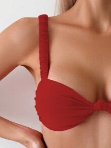 SHEIN Swim Solid Color Knotted Bikini Top, Summer Beachwear - Red - View 3