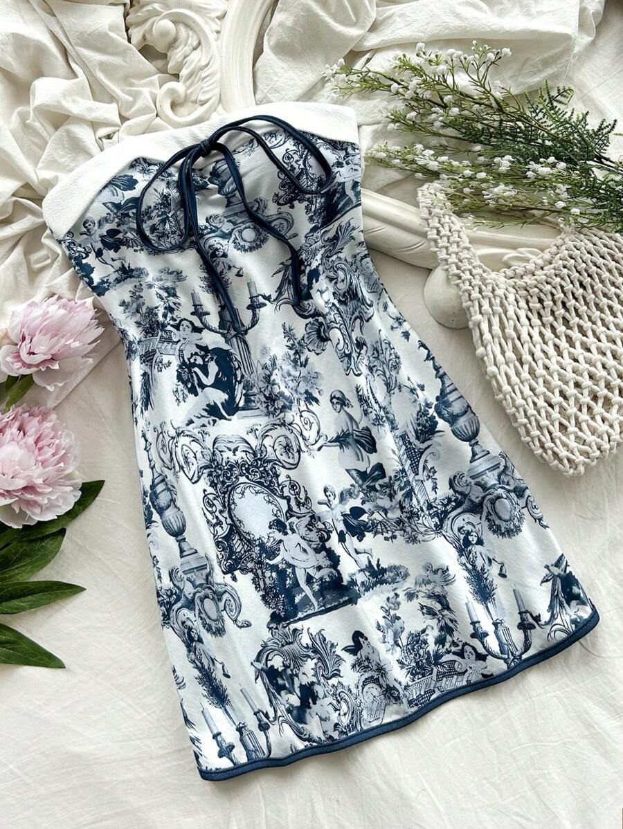 SHEIN Unity Váy quây vừa vặn có in hình tượng trưng - Màu xanh lam - Xem 1