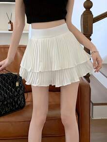 Women's Elegant Pleated Double Ruffle Hem A-Line Skirt, Summer