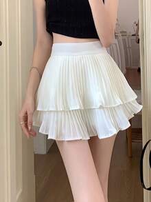 Women's Elegant Pleated Double Ruffle Hem A-Line Skirt, Summer