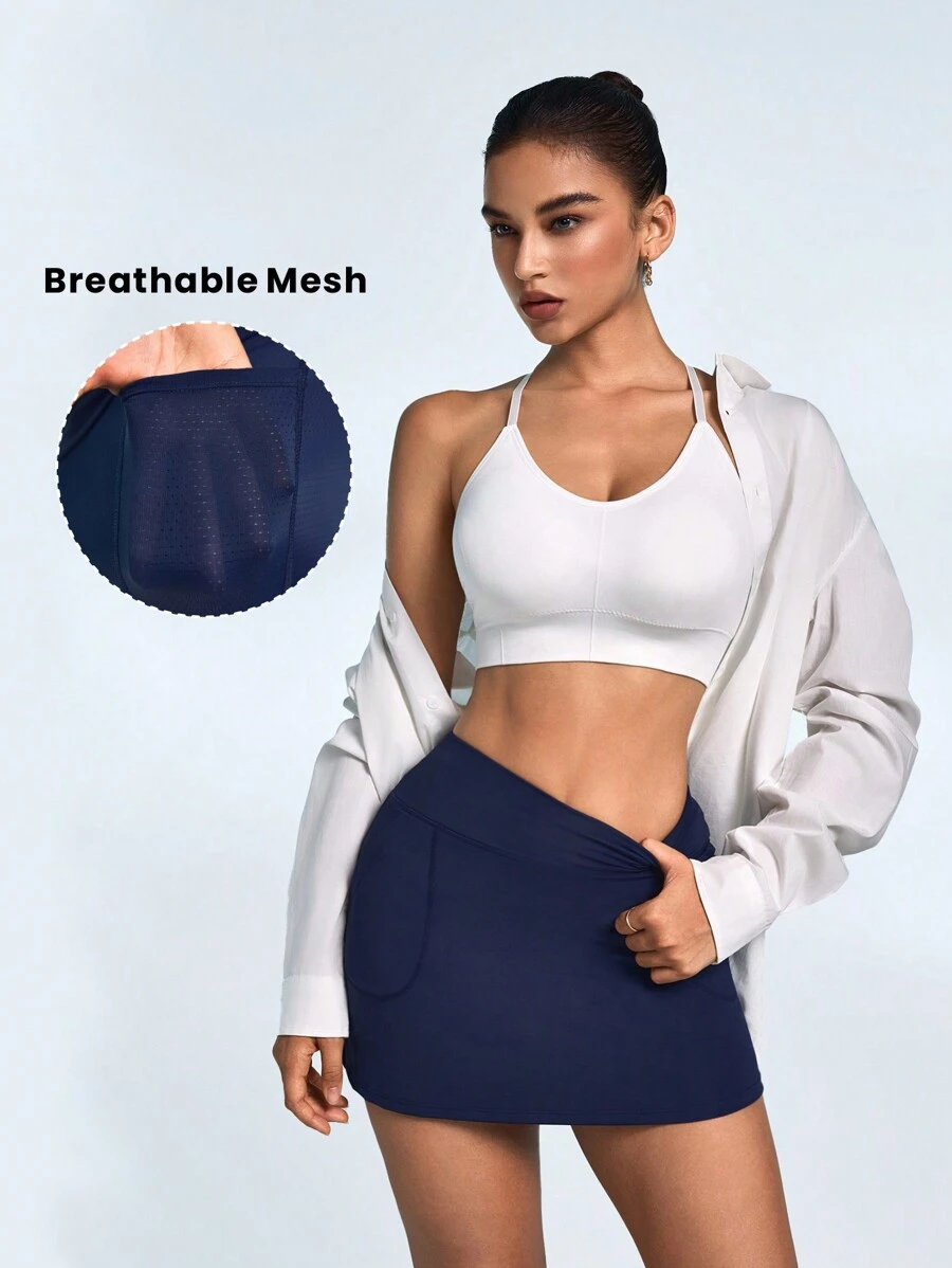 Gameset SHEIN Sport Summer Solid Color Double-Pocket Inner Mesh Skort For Sports Tennis Skirt - Navy Blue - View 1