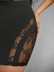 Hauture 净色针织拼接蕾丝吊带背心两件套 - 黑色 - 查看 3