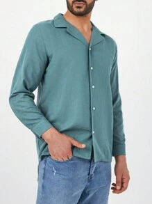 RueChic Men Solid Button Front Shirt - Dark Green - View 4
