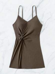 SHEIN Swim Traje de baño de una pieza halter con pliegues de unicolor y aberturas laterales para vacaciones, playa de verano - Marrón - Ver 6
