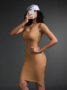 Gameset SHEIN Sport Women's Summer Solid Color Sleeveless Top Style Athletic Dress With Notched V-Neckline - Brown - View 1