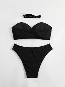 SHEIN Swim Curve Conjunto de bikini de talla grande para mujer de unicolor y sin tirantes para playa de verano con enlace circular hueco, conjunto de bikini sexy de dos piezas