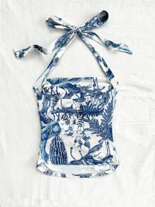 Soleia Vacation Style Ladies'  Printed Side Pleated Sleeveless Top With White Woven Neckline - Multicolor - View 2