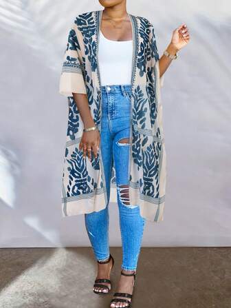 Plus size-tryckt lös fritids-kimono, vardagskläder