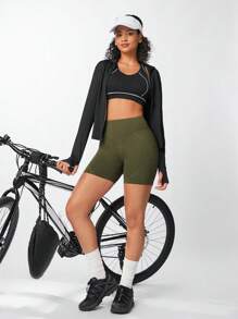 Streetz SHEIN Sport 女士夏季高腰純色運動摩托車短褲 - 軍綠色 - 查看 4