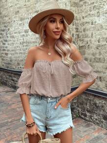 Breezaya 一字肩前打結荷葉袖襯衫 - 杏色 - 查看 3