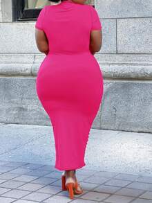 Plus Size Women's Solid Color Minimalist Hollow Design Fashion Dress - Hot Pink - View 2