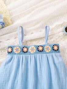 SHEIN Young Girl Summer Holiday Crochet Splice Cami Top And Shorts Set - Blue - View 3