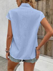 EMERY ROSE Women's Summer Stand Collar Single-Breasted Batwing Sleeve Loose Casual Shirt,Short Sleeve Tops