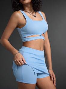 SHEIN Sport Gameset Women's Plain Hollow Out Crop Top And Skort Sports Set