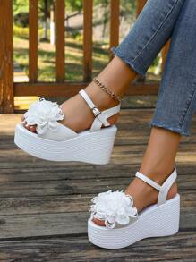 Sandalias de plataforma con tacón grueso y decoración de flores de moda en blanco para mujer con hebilla - Blanco - Ver 3