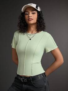 Gameset SHEIN Sport Women's Solid Color Round Neck Short Sleeve Casual Sports T-Shirt - Green - View 10