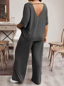 SHEIN LUNE Plus Size Women's Summer Solid Color V-Neck Batwing Sleeve Casual T-Shirt And Waist Tie Pants Casual Two Pieces Set - Grey - View 2
