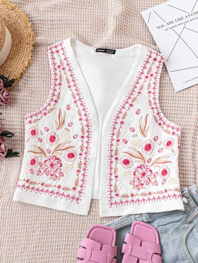 Soleia Summer Vacation Women's Romantic Countryside Sleeveless Top, White Base Color With Embroidered Colorful Flowers And Open Front, Short Length, Ideal For Graduation Season