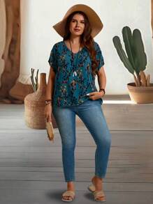 EMERY ROSE Áo Sơ Mi Ngắn Tay Cổ Chữ V Cánh Dơi In Hoa Kỳ Nghỉ Hè Plus Size Cho Nữ - Nhiều màu - Xem 3