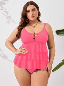 SHEIN Swim Curve 大码女式纯色交叉胸休闲比基尼泳装、夏季沙滩装 - 玫紅色 - 查看 4