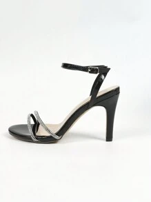 新款时尚女士高跟凉鞋，细跟，圆头，绑带，亮面派对鞋，大码情人节/春夏装扮 - 黑色 - 查看 7