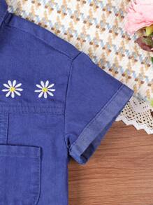 Baby Girl Sand Washed Denim Shirt And Shorts Set With Floral Embroidery