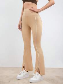 SHEIN Sport Gameset Women's Solid Color High Waist Split Hem Casual Sports Flare Pants Legging Shorts