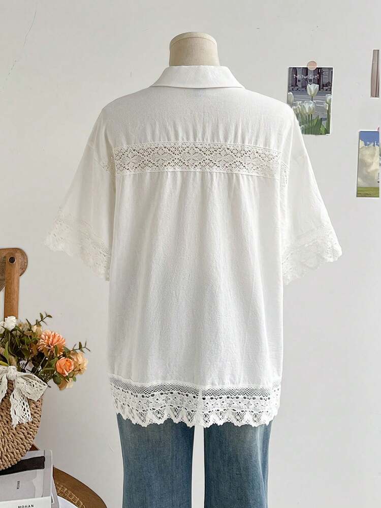 Women's Seaside Casual Vacation Casual White Shirt, Open Neck Collar With Lace Splice On Body And Cuffs