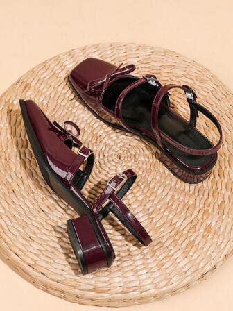 Fall/Winter 2025 Women's Square-Toe Mary Jane Shoes, Chestnut Color, Buckle Closure, Low Vamp, Back Strap Sandals, Chunky Heel, Bowknot Decorated, High-Heeled Shoes,Elegant,Women Pumps,Ballet Shoes