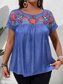 EMERY ROSE Áo sơ mi tay ngắn in hoa phong cách nghỉ dưỡng cỡ lớn cho nữ Denim Effect - Màu xanh lam - Xem 3